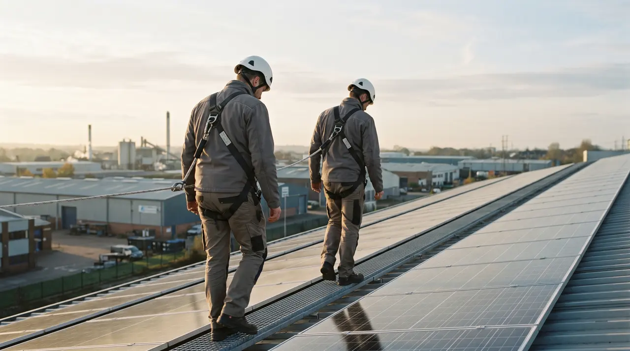 Técnicos instalando paneles solares en cubierta industrial a dos aguas